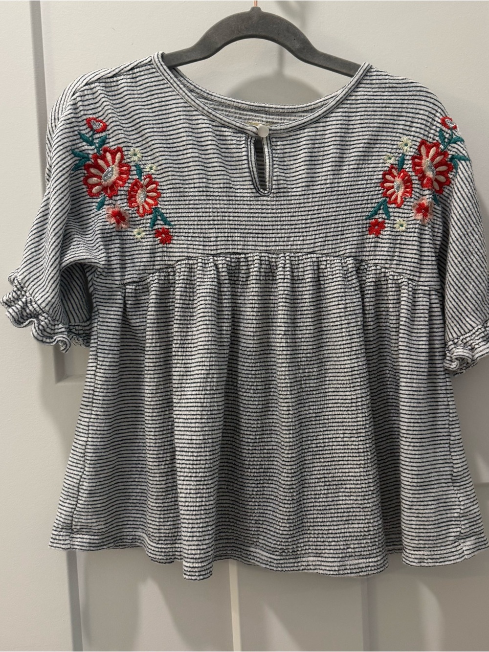 True CraftStriped Embroidered Peplum Top - Black & White with Red Size 6
